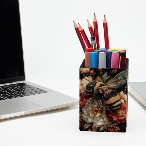 Cute Bee Pen Holder for Desk Decor, Rectangular PVC Leather Pencil Cup for Desk Pen Organizer, Makeup Brush Holder for School, Home, Office
