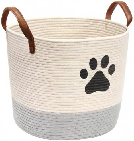 Cotton rope dog toy basket, puppy bins, laundry basket blanket storage bin - Perfect for organizing pet toys, blankets, leashes White Gray