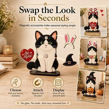 Interchangeable Seasonal Animal Wooden Decor Set | Magnetic Holiday Cat Dog Desk Sign Animals Figurines Tabletop Ornament to Dress up, Pet Magnetic Accessories with Hats(#A)