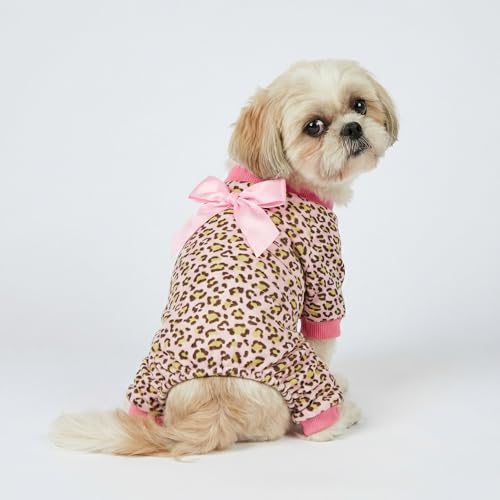 Fitwarm Leopard Dog Pajamas, Fleece Dog Clothes for Small Dogs Girl with Legs, Pet Onesie, Cat Outfit, Pink, Large