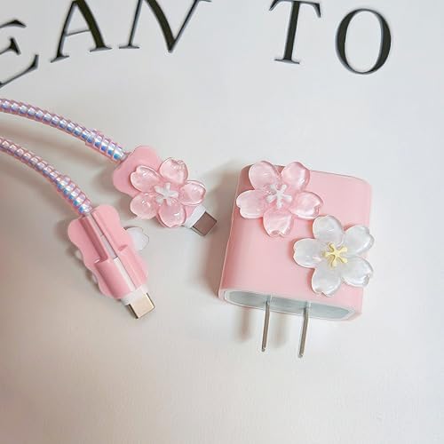 Flower Cable Protector for iPhone Charger Protector Cute 3D Cherry Blossoms Design,Floral iPad Charger Cover,Charger Cord Protector for Women Girl,DIY Phone Cord Protector for iPhone 15 16 17 Pro Max