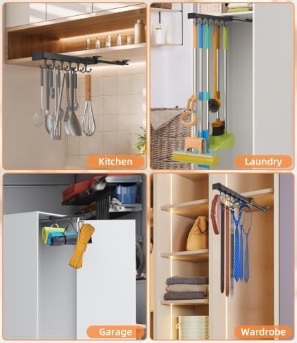 Pull Out Broom Holder With Adjustable Double Row Sliding Hook-Grey 14.2IN | Multifunctional Slide Broom And Mop Storage/Organizer Garage Organization Hooks, for Closet Laundry Garage Kitchen