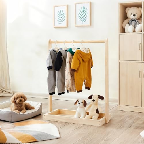Baby Clothing Rack for Baby Shower, Pets Clothes Rack with Storage Box & Hanging Rod for Dogs Cats Dolls Clothes Display, Mini Baby Shower Crate Closet Rack (Natural)