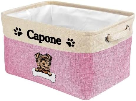 Personalized Fabric Dog Toy Storage Basket with Cute Dog Yorkie Collapsible Sturdy Fabric Bone Pet Toys Storage Bin Cube with Handles for Organizing, Pink and White