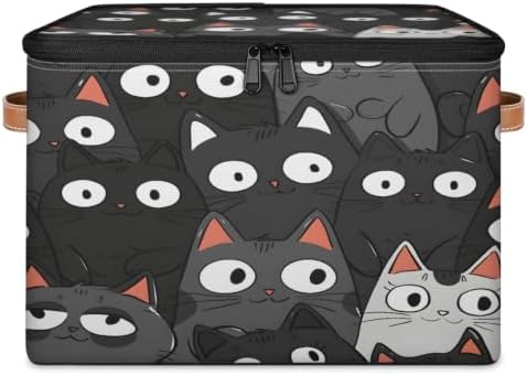 Black Cat Print Storage Box with Zipper Lid | Collapsible, Fabric, Storage Bin, Handle, Large, Closet Organizer, Containers, Bedroom, Home, Cat Faces