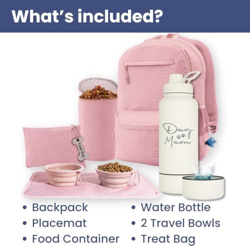 Rubyloo The Original Doggy Bag Backpack (Dusty Pink) & 32 oz Insulated Water Bottle with Attached 8 oz Bowl (Dog Mom) – Dog Travel Backpack & Hydration Set