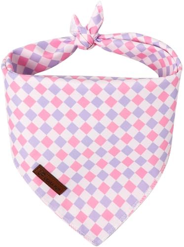 Purple Pink Checkered Dog Bandana, Spring Summer Plaid Puppy Bandana for Girl Female Dogs, Soft Cotton Pet Triangle Bid Scarf Kerchief for Girl Boy Dogs or Cats