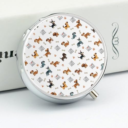 Round 3 Compartment Pill Case Cute Doodle Pets Dog Print, Compact Travel Pill Organizer for Purse Fish Oil Supplements