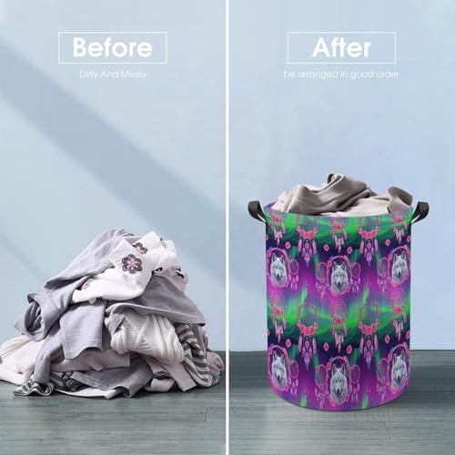 Large Foldable Laundry Basket Flower Dream Catcher Boho Wolf, Waterproof Hamper with Handles for Clothes, Toys, and Towel Organization at Home