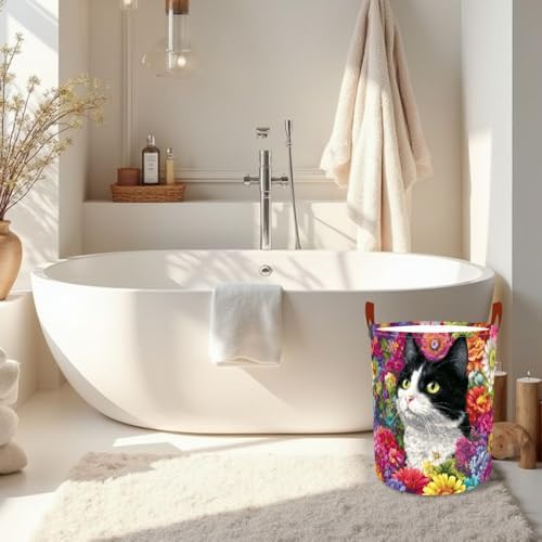 Laundry Basket 15.7x19.7 in Tuxedo Cat Floral Hamper for Bedroo