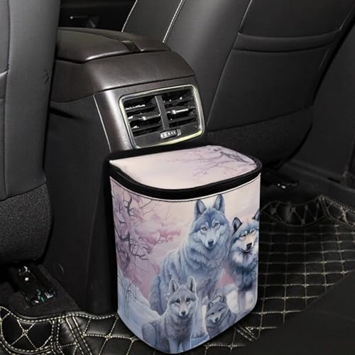 DISNIMO Family Wolf Car Trash Can Automotive Garbage Bags with Lid Leak Proof Auto Car Dustbin Vehicle Trash Bin Container Waste Basket Car Accessories for Cars SUV