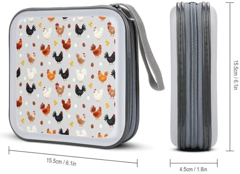 Protective 40-Disc CD/DVD Wallet Chicken Printed, Hard Plastic Storage Binder with Handle, Portable Organizer for Car Office Travel