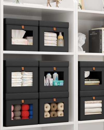 Homsorout Storage Bins with Lid – Closet Organizer with Side Opening and Clear Window, Foldable Stackable Fabric Basket for Clothes, Home, Office - 13.77" x 11.8" x 9.8", 3 Pack, Black