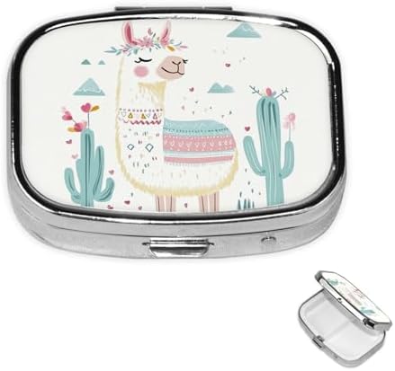 Pill Box 2 Compartment Medicine Pill Case for Pocket or Purse Mini Metal Pill Holder Cute Hand Drawn Llama Pill Case Vitamin Organizer Portable Travel Pill Container to Hold Supplements Vitamins