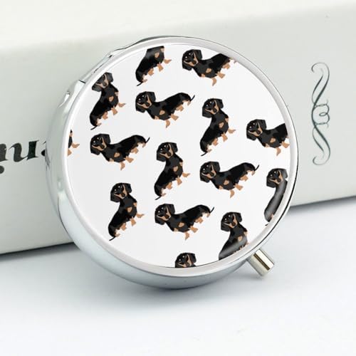 Dachshund Weiner Pet Dogs Pill Organizer with Mirror 3 Compartments Waterproof Pill Case for Purse Pocket Non-Slip Grip Travel Medicine Organizer Container Box for Vitamin Fish Oil Supplement