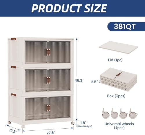 SAILUN 381Qt Extra Large Stackable Storage Bins Folding Collapsible Storage Bins with a Lid, Closet Organizers and Storage Blush White 28" W x 17" D x 46" H
