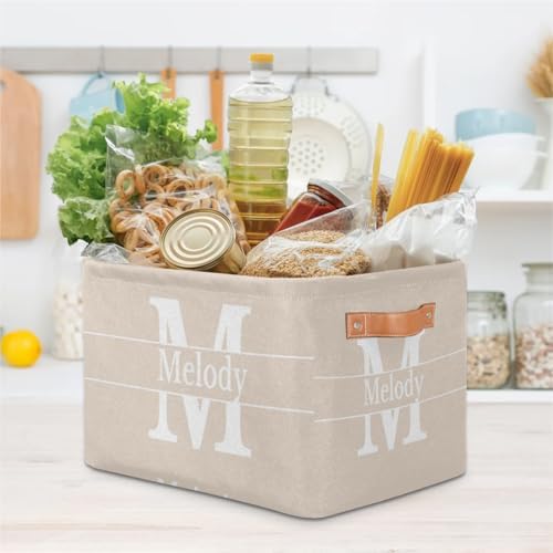 Custom Name Storage Bin, Beige with White Initial Letter Print