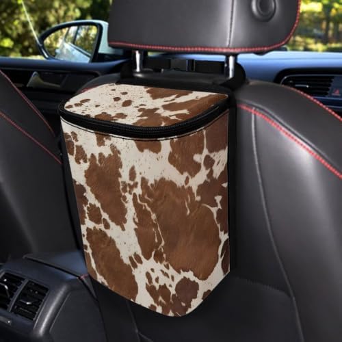 Brown Cow Print Car Garbage Can with Adjustable Straps Car Hanging Trash Can with Lid Multipurpose Portable Trash Bag for Cars SUVs, Trucks