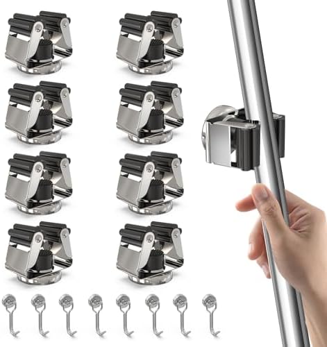 3-H 8 Pack Magnetic Broom Holder with 8 Pack Mini Magnetic Hooks,Silver | Stainless Steel No Drill Mop Holder, Movable Magnet Tool Organizer for Garage Laundry Kitchen Garden RV