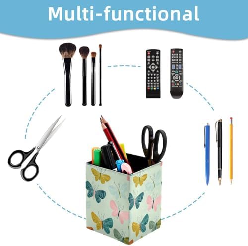 Butterflies Pen Holder for Desk Decor, Rectangular PVC Leather Pencil Cup for Desk Pen Organizer, Makeup Brush Holder for School, Home, Office