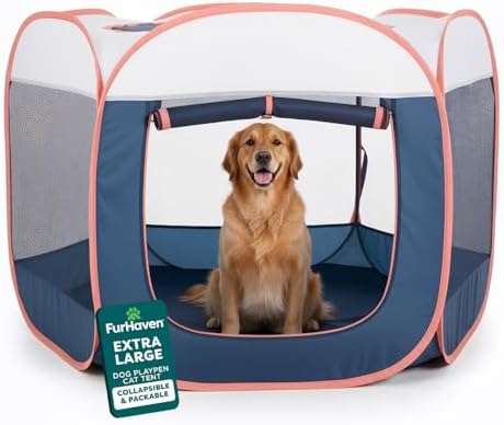 FurHaven Soft-Sided Dog & Cat Playpen, Portable Foldable Indoor & Outdoor Pet Playpen with Mesh Windows & Zippered Door, Navy, Extra Large