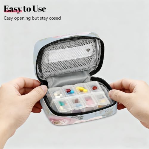 Travel Pill Organizer Watercolor Light Blue Pink Flower Pill Case
