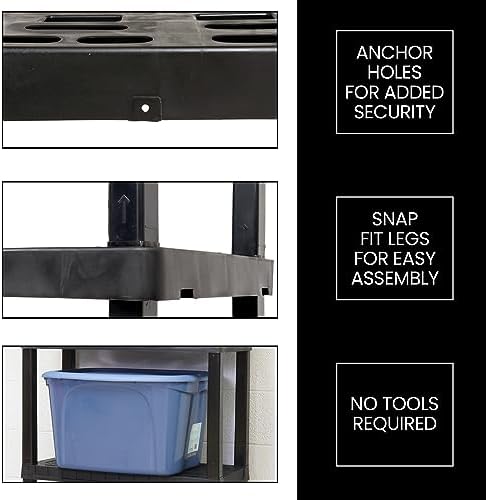 Oskar Heavy Duty Plastic Storage Shelves- for Garage, Kitchen, Bathroom Basement Kids Room, Stackable 3-Tier Black Organizer Rack for Books Shoes, Toys, Pantry, Cleaning and Closet Organization