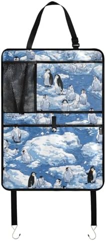 2 Pack Back Seat Car Organizer with Storage Pockets Kick Mats Back Seat Protector Hanging Car Organizer Automotive Seat Back Cover Organizers Blue Penguins Ice Flowers Snow