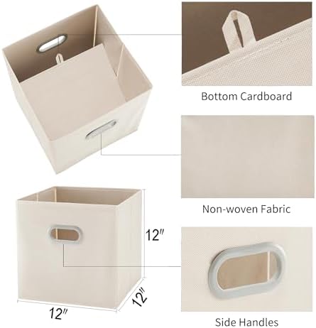 MAX Houser 6 Pack Foldable Fabric Storage Bins with Handles, Beige 12 inch | foldable cube storage bins with dual carry handles. 12"x12"x12" size fits cube closet organizers.Closet & Bedroom Organizer
