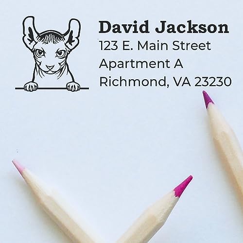 Peeking Dwelf Cat Wood Handle Address Stamp - Personalized Rubber Stamp | Address Stamp for Thank You Notes. Any standard pad works. Dwelf Cat Snail Mail Stamp Customized. 4 lines of custom text.