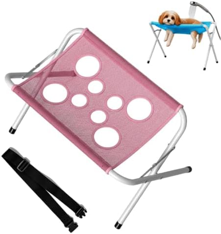 Foldable Pet Bathing Stand, Mesh‑Surface Grooming Stand for Small Pets (Pink) | Portable Dog Grooming Shower Rack with 8 Holes & Adjustable Straps, Foldable Metal Frame for Daily Pet Care and Bathing