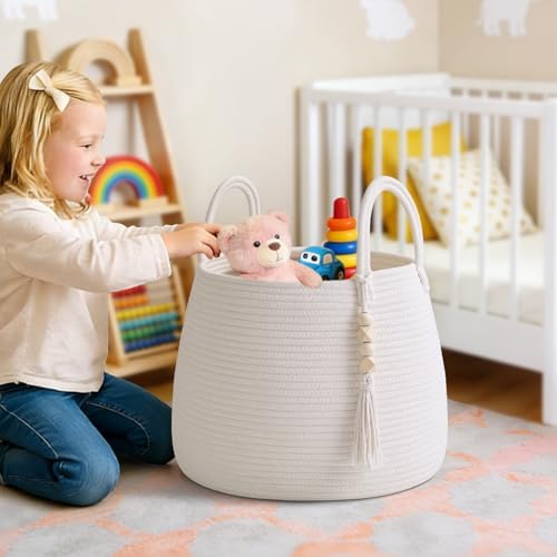 Large Nursery Hamper, 30L Blanket Basket with Handle, Baby Laundry Basket for Gift, Toy, Clothes, Woven Storage Basket with Wooden Bead Decor, Baby Hamper for Nursery (Black&Brown)