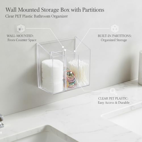 Easy-Access Wall Mount Organizer with Dividers, Clear PET Bathroom Canister for Cotton Pads and Cotton Swabs, Space-Saving Vanity Storage Box (1 Pack)