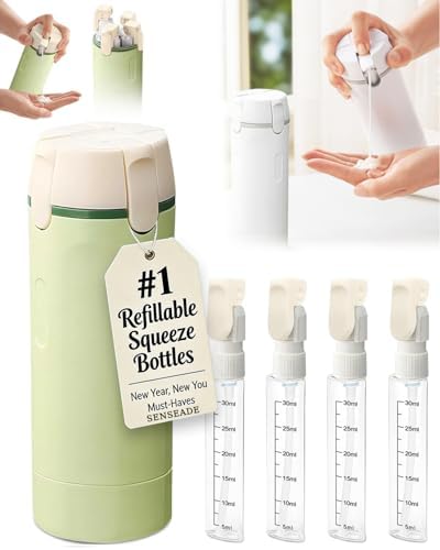 4 in 1 Travel Dispenser Bottle, Size Toiletries Shampoo Creams Bottles Set, Refillable Shampoo and Conditioner Airless Pump Bottles for Liquids, Leakproof Cosmetic Containers for Women (Green)