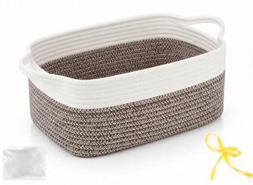 Empty Gift Basket to Fill with Handles, 12x8x5 inch - Wicker Rope Basket for Baby Shower, Kids Toys，Decorative Woven Bin for Man, Boys With Gift Bag & Ribbon,Resuable, White Brown