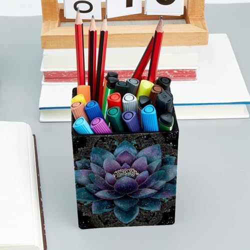 Lotus Flower Pen Holder for Desk Decor, Rectangular PVC Leather Pencil Cup for Desk Pen Organizer, Makeup Brush Holder for School, Home, Office