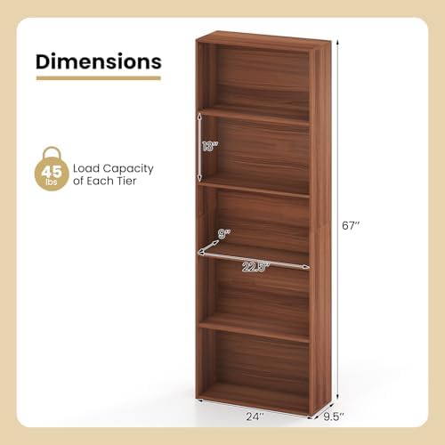 GIANTEX 5-Tier Bookshelf, Freestanding Bookcase with 5 Open Shelf, Modern Display Shelf, Storage Organizer for Living Room Bedroom Home Office, Walnut