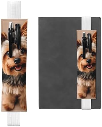 Cute Pet Yorkie Leather Pen Holder Bookmark with Elastic Band, PVC Notebook Pen Sleeve Case, Portable Pencil Pouch Bookmark