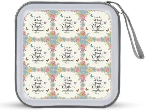 DVD Case 40 Capacity Bible Verse Prayer CD Holder Organizer Zipper Wallet | Disc Collection Storage Bag for Music Movie Game, Christian Religious Bible Verse Scripture Prayer Hard Plastic, Hand Strap
