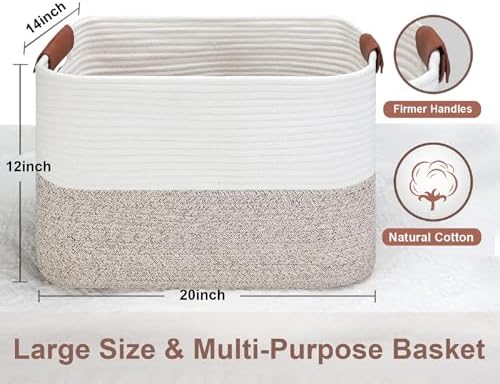 Large Cotton Rope Storage Basket with Leather Handles, Laundry Hamper Basket, 20 "L x 14" W x 12 "H, Durable & Stylish Organizer for Home.(Large Brown)