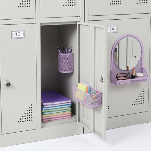 Weysat Set of 5 Magnetic Locker Accessories Mirror with 2 Magnetic Pen Holder and 2 Wire Mesh Storage Basket for Students Back to School Locker Organizer for Office End of School Years Gifts (Purple)