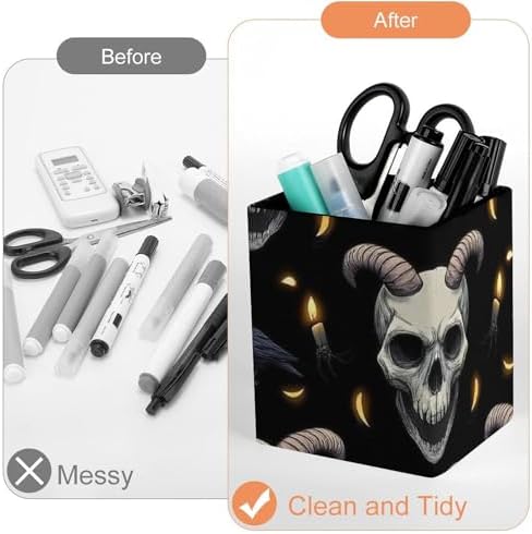 Women's Makeup Brush Cup Desktop Stationery Organizer Goth Raven Skull Goat Leather Pen Holder