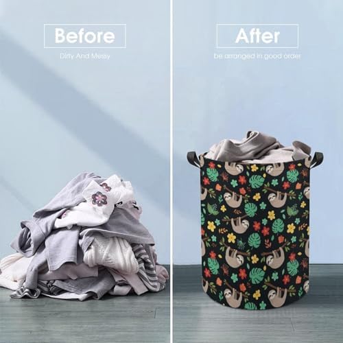 Large Laundry Hamper with Handles Floral Flowers Cute Branch Sloth, Collapsible Waterproof Basket for Clothing, Toys, and Home Storage Needs