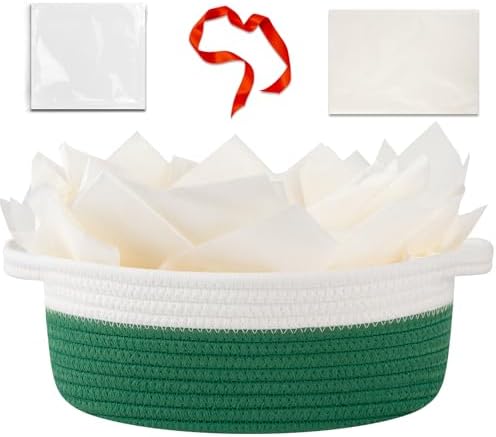 OIAHOMY Gift Basket Empty with Handle, 12"x 8"x 5" Small Woven Basket with Gift Bag, Ribbon and Wrap Tissue Paper, Dog Toy Storage for Organizing - Green & White