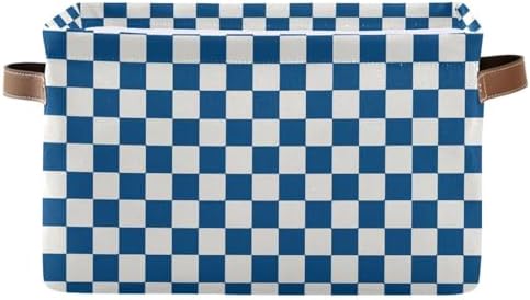 Navy Blue Grid Checked Plaid Storage Basket Canvas Fabric Foldable Storage Bins Boxes Organizer with Handles for Home 14×10×8.3 Inch 1 Pack