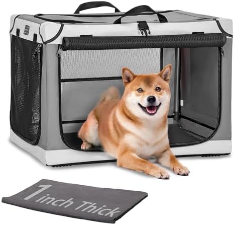 PETSFIT Portable Dog Crate for Medium Dogs, – 30" Soft Dog Travel Crates with Lockable Zippers & Thicken Mat, Adjustable Patented Spiral Steel Frame, Collapsible Kennel for Indoor & Outdoor