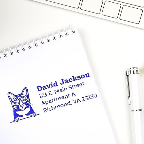 Peeking Arabian Mau Cat Wood Handle Return Address Stamp - Custom Stamper | Envelope Stamp for Cat Moms. Arabian Mau Cat Address Stamp for Envelopes Custom. 7/8 by 2-1/4 inch imprint. Laser-cut.
