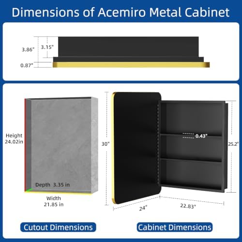 ACEMIRO 24x30 Inch Bathroom Medicine Cabinet with Mirror Gold Metal Framed Recessed or Surface Wall Mounted Mirrored Medicine Cabinets for Bathroom