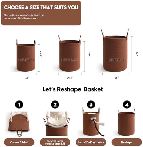 Laundry Basket Hamper Tall Rope Storage Woven for Blanket toys Dirty Clothes in Living Room Bathroom Bedroom (Dark Brown, 100L/26.4Gal)