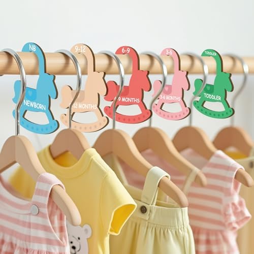 Baby Clothes Dividers for Closet - Set of 8 Wooden Baby Size Closet Dividers Newborn to 24 Months, Newborn Organizer for Boys & Girls - Rocking Horse Theme Baby Nursery Decor Kit New Parents Gifts